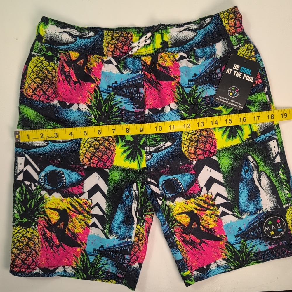 NEW Maui and Sons Boys XL 18 Pool Shorts Swim Trunks Neon Shark Pineapple Print - Picture 5 of 12